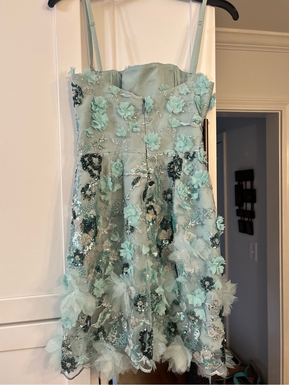 new Helsi Hilma 3D floral appliqué mesh mini dress in Sage seafoam green - Picture 3 of 6